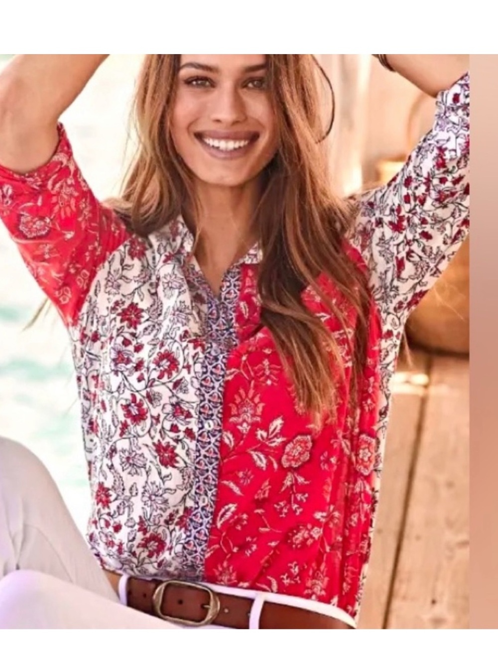 J. Jill Red and White Mixed Floral Button-Down Shirt